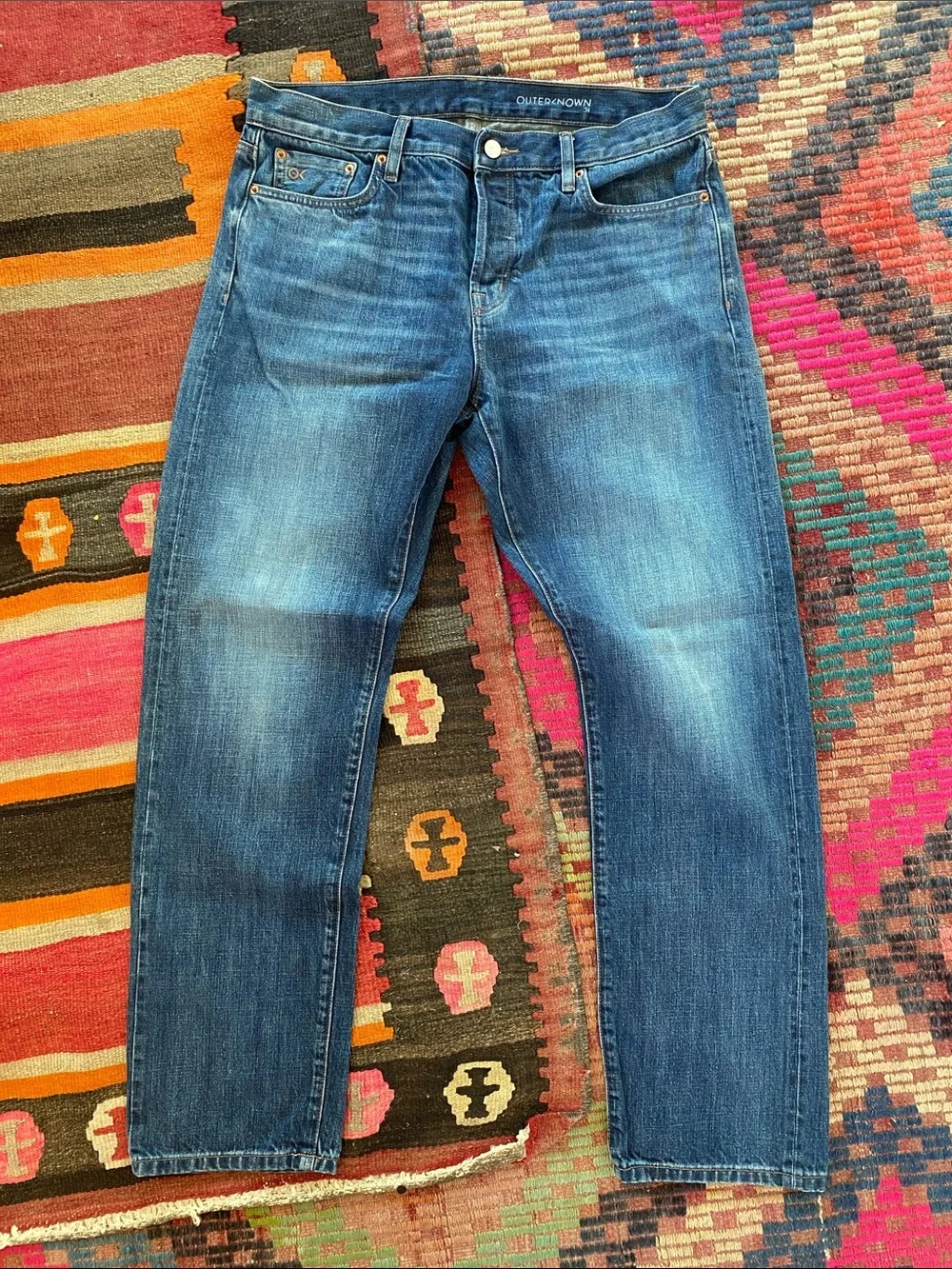 Outerknown mens SEA Jeans straight denim 34 x 32 blue button fly organic cotton
